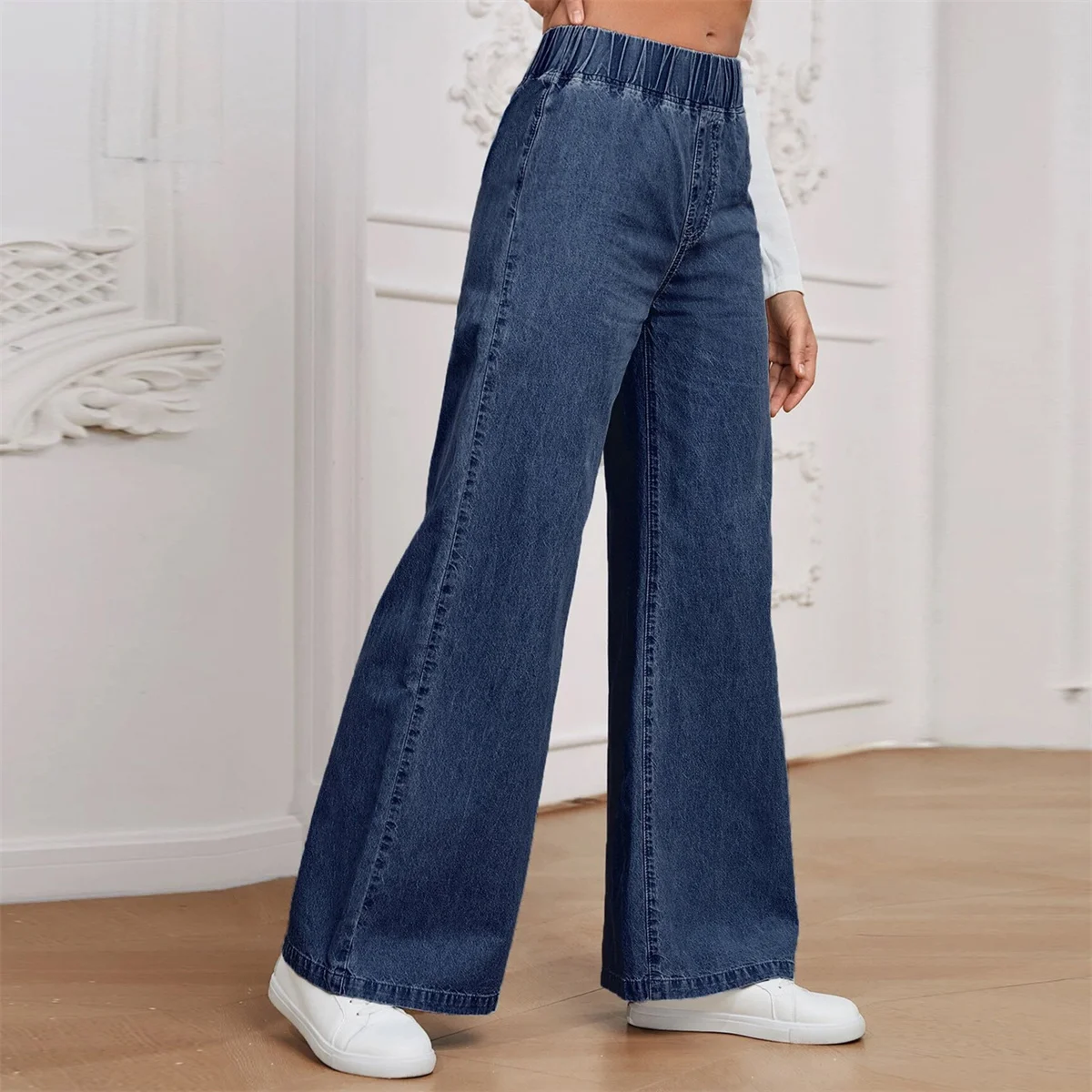 Women Fashion Vintage Denim Jeans High Elastic Waist Solid Pants Female Street Y2K Casual Trousers Lady Autumn Spring Chic Pant