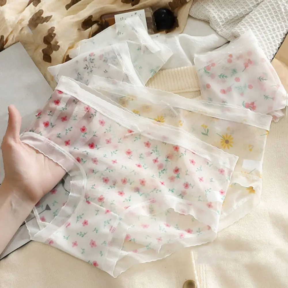 

5PCS Lingerie Ultra-thin Mesh Flower Panties Seamless Underpants Transparent Floral Briefs Mid Waist Underwear for Women Girls