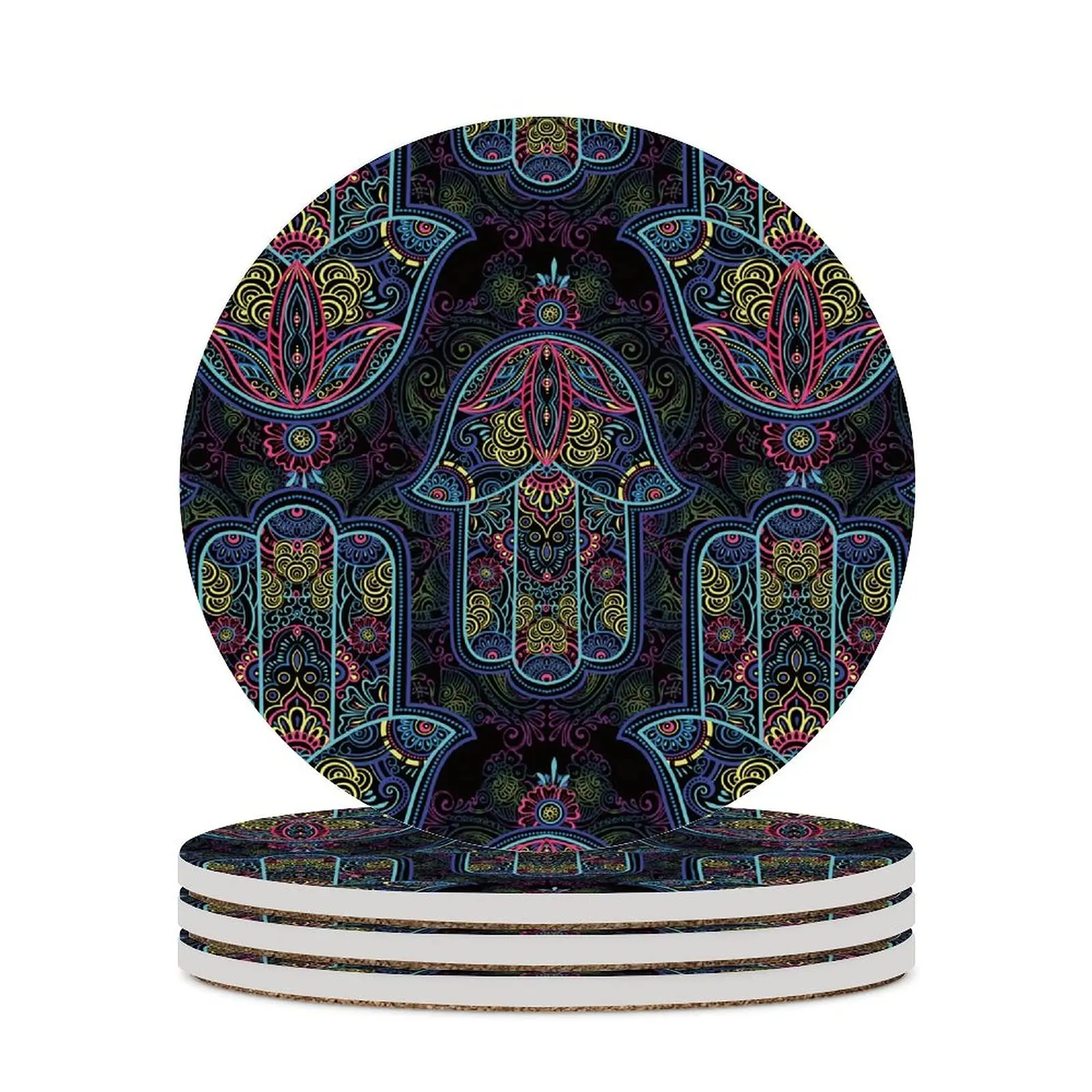 Hamsa Hand Mandala Paisley Ceramic Coaster with Cork Backing Absorbent Drink Coasters for Wooden Table Round 1PCS Home Decor