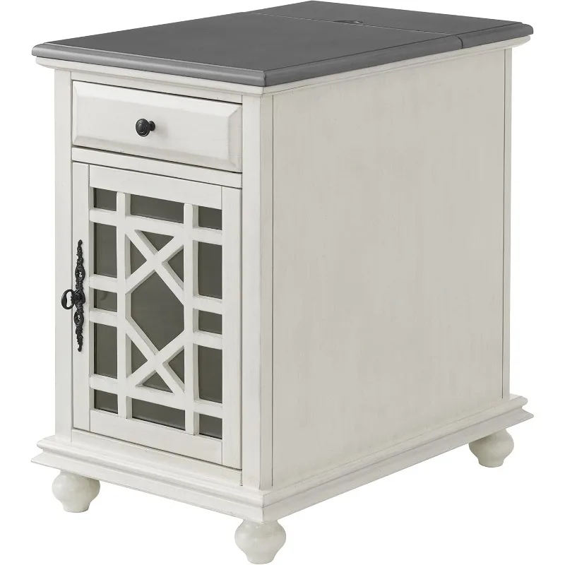 Elegant Chairside End Table with Power, White with Grey Top