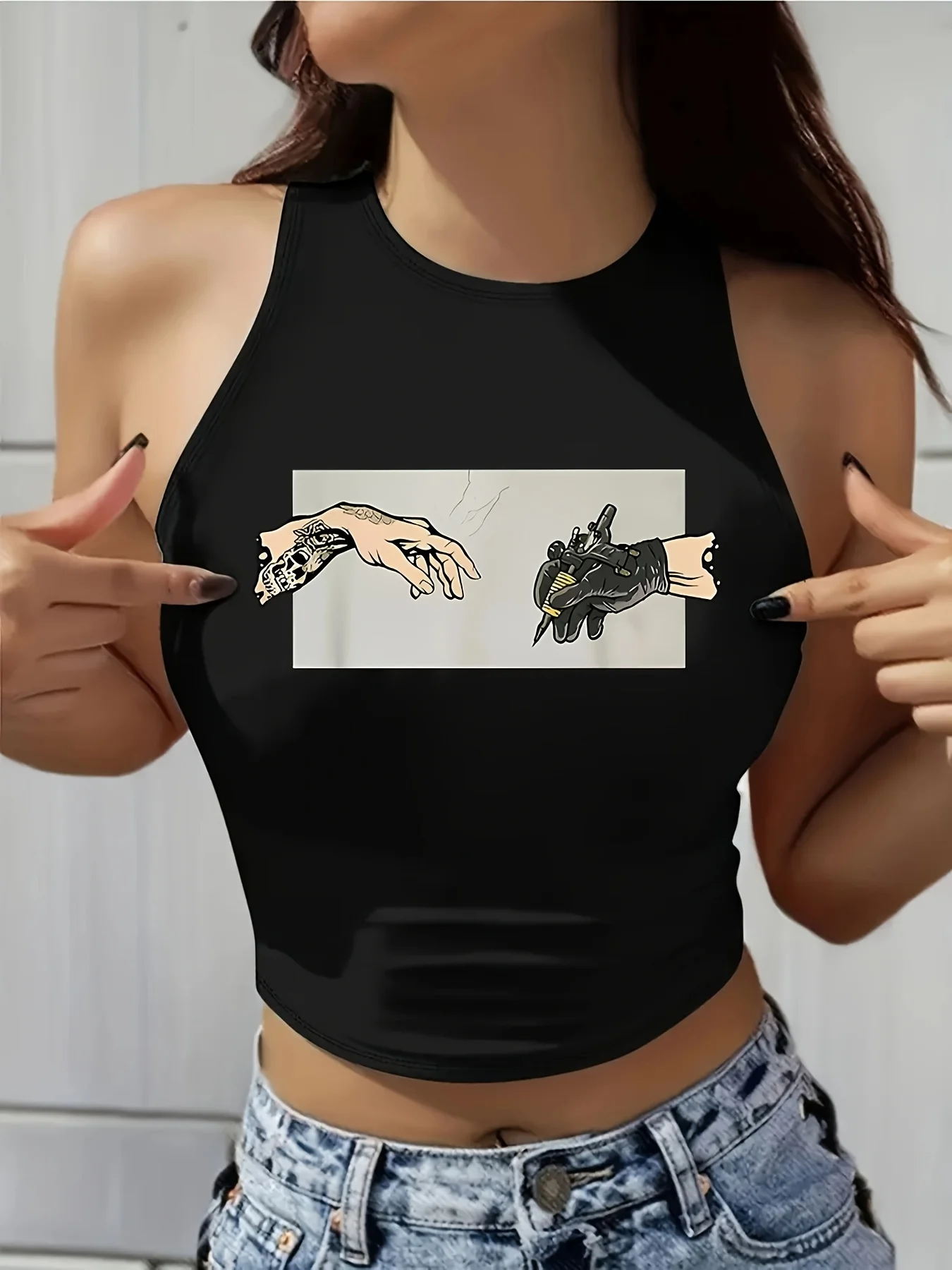 크롭 탱크탑 여성 유머러스한 예술적 디자인 그래픽 프린트 크롭탑 라운드 넥 민소매 조끼 캐주얼 봄 여름 캐주얼