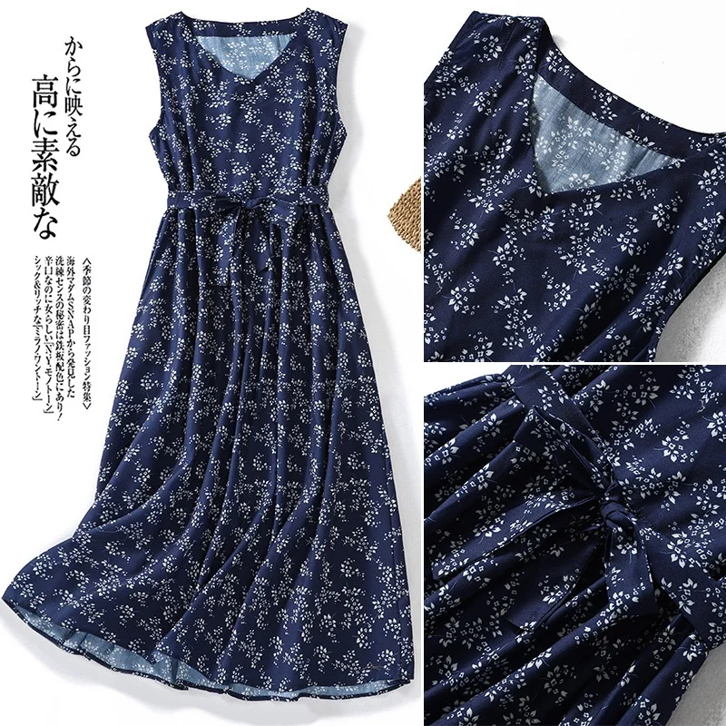 Blue Floral Cotton Summer Dr Women's plus Size Svel Thin Long Dr V-ne Loose Waist A-line Skirt Commute Sle