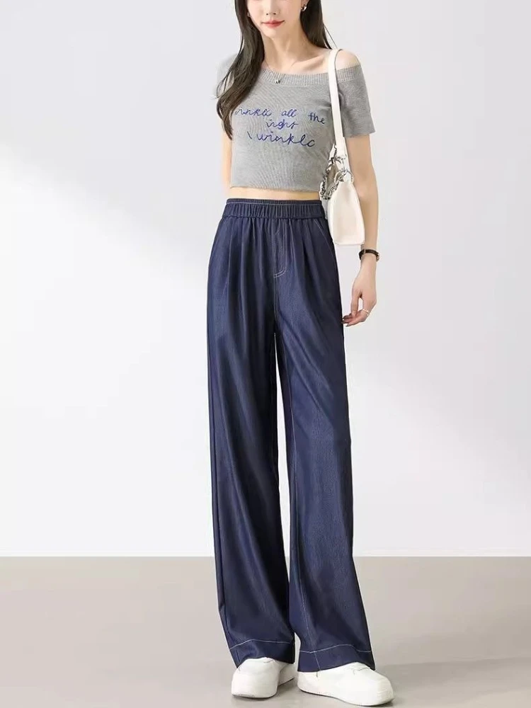 Women's Dark Blue Denim Pants Summer Thin Baggy Jeans 2026 Fashion Loose Elastic Waist Wide Leg Trousers For Petite Women