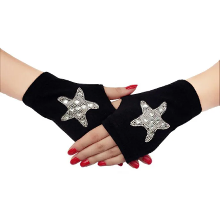 Fingertip Rivet meio dedo luvas, Sailor Dance Performance, Lã preta