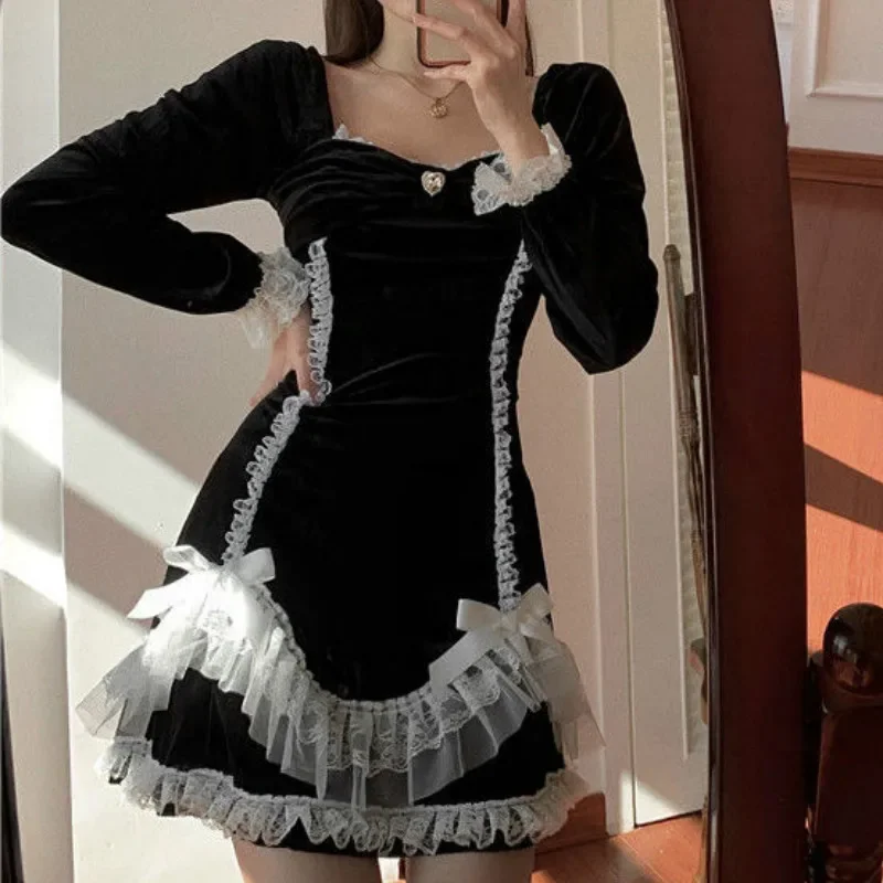 Vintage Academia Kawaii Fairy Dresses Velvet Gothic Dark Lolita Black Bow Lace Sweet Retro E Girl Chic Dress Lace Elegant Party