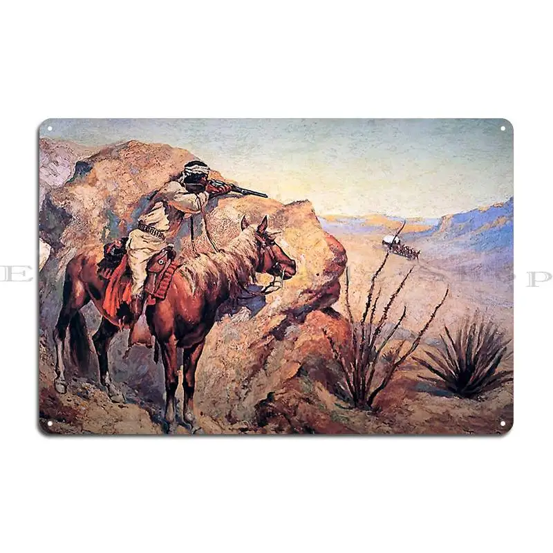 Frederic Remington Western Art Apache Ambush Metal Sign Wall Cave Cinema Mural Garage Character Tin Sign Poster