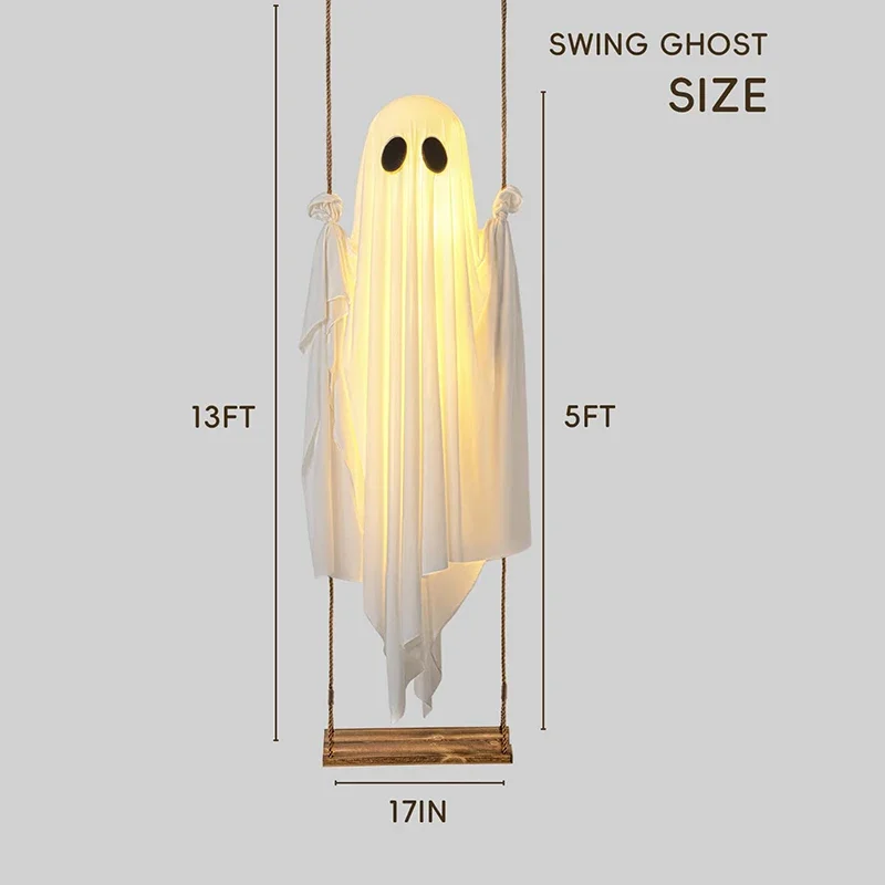 Outdoor Large Hanging Swing Ghost Halloween Decoration With String Lights Ghost Cute Ghost Decoration Front Porch Courtyard Tree