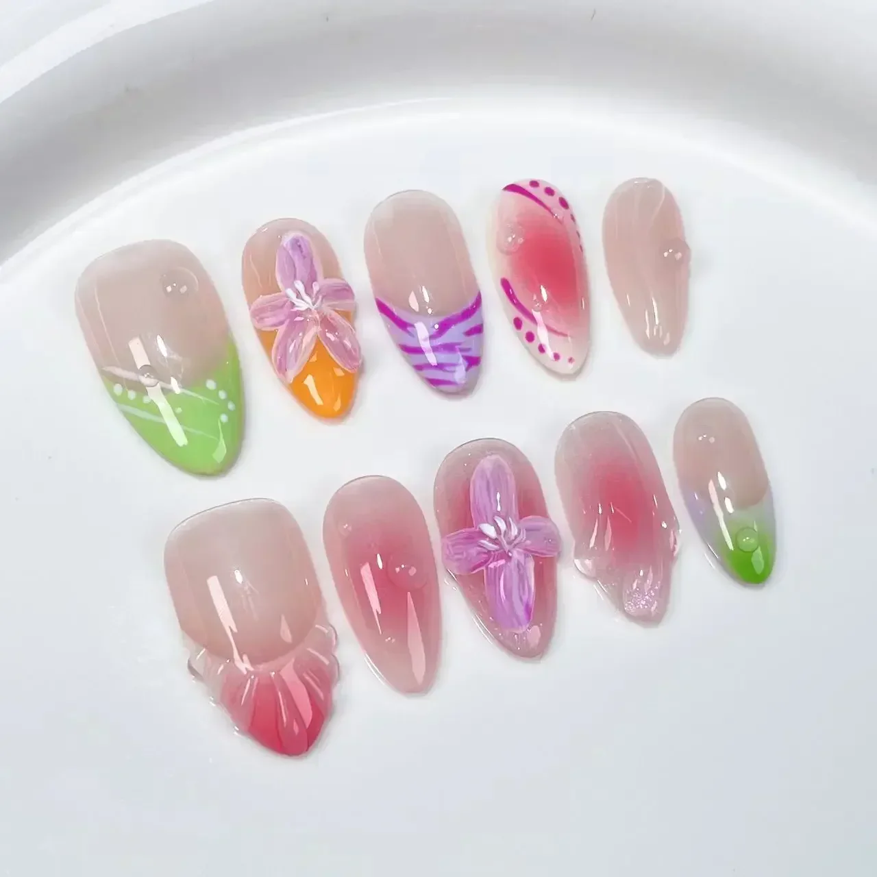 

10Pc Almond Press On Nails Dyeing 3D Flowe Design Fake Nails Colourful French Full Cover Wearable Manicure False Nail Tip Summer