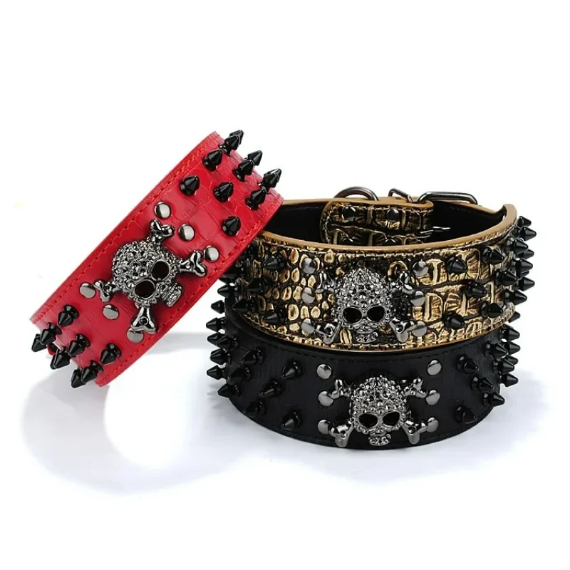 Halloween Black Skull Rivet Pet Adjustable Collar Anti-Bite Dog Chain Medium and Large Pu Dog Harness Dog Accessories