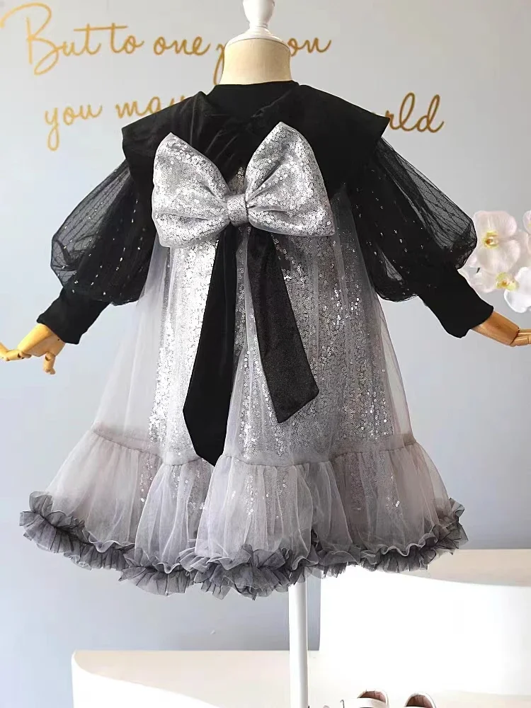 

Fashion Girl Princess Tutu Dress Set Autumn New Sweater+Sequin Dress Grey 2Pcs Children Velvet Big Bow Dress Baby Clothes 1-10Y