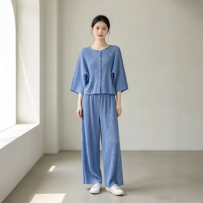 Pleated Skirt Set Plisse Women 2026 Autumn New Single-Breasted Batwing Sleeve Patchwork Cardigan Top Wide-Leg Pants+Skirt Set