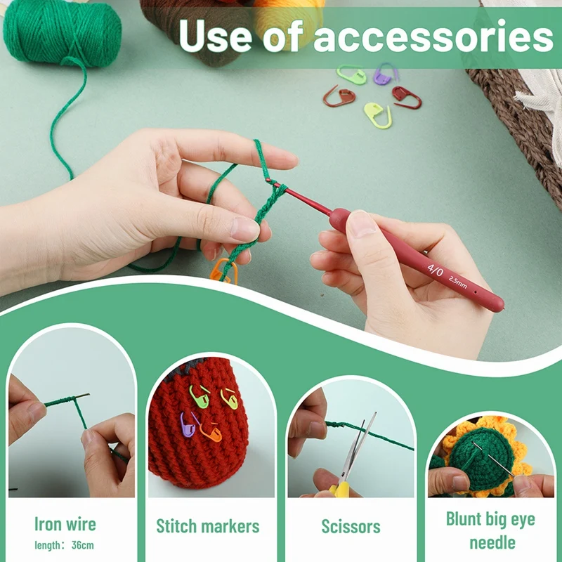 Kit de crochê diy girassol planta crochê kit com agulhas de fio de tricô boneca de pelúcia fácil