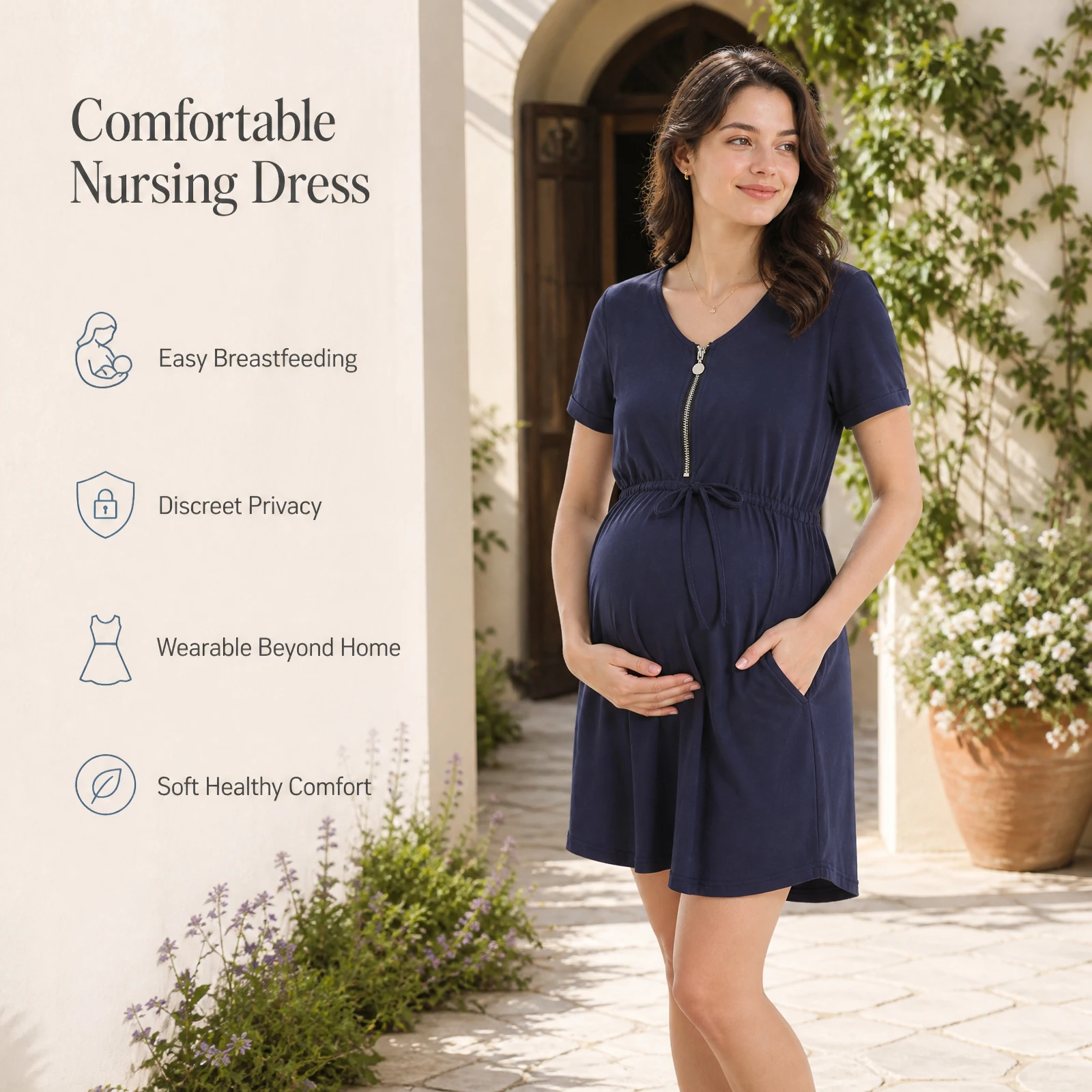 Cotton Maternity Nursing Dress Short Sleeve Front Zipper Breastfeeding Adjustable Waist A-Line Dress with Side Pockets