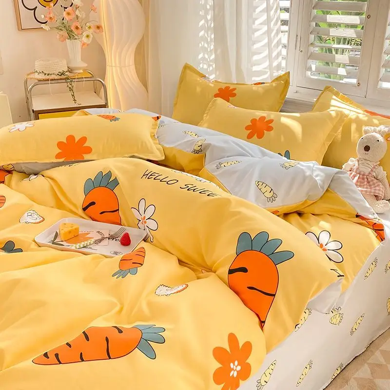 

Cute Carrot Duvet Cover Set with Zipper Kids Kawaii Flat Sheet Pillowcases No Filler Twin Queen Size Girls Boys Gift Bedding Set