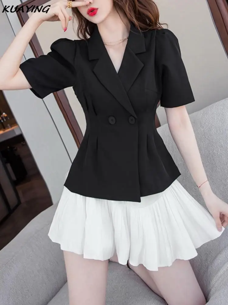 Y2K Fashion Blazers Pleated Short Skirt Suits Summer Black White Short Sleeve Temperament Korean Women\'s Clothing Two Piece Set