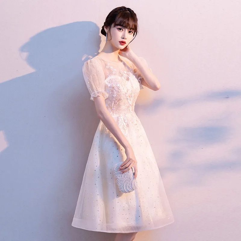 

2025 New Women's Summer Embroidered Mesh Banquet Bridesmaid Dress Fashionable and Slim, Can Wear Sweet Dresses Usually