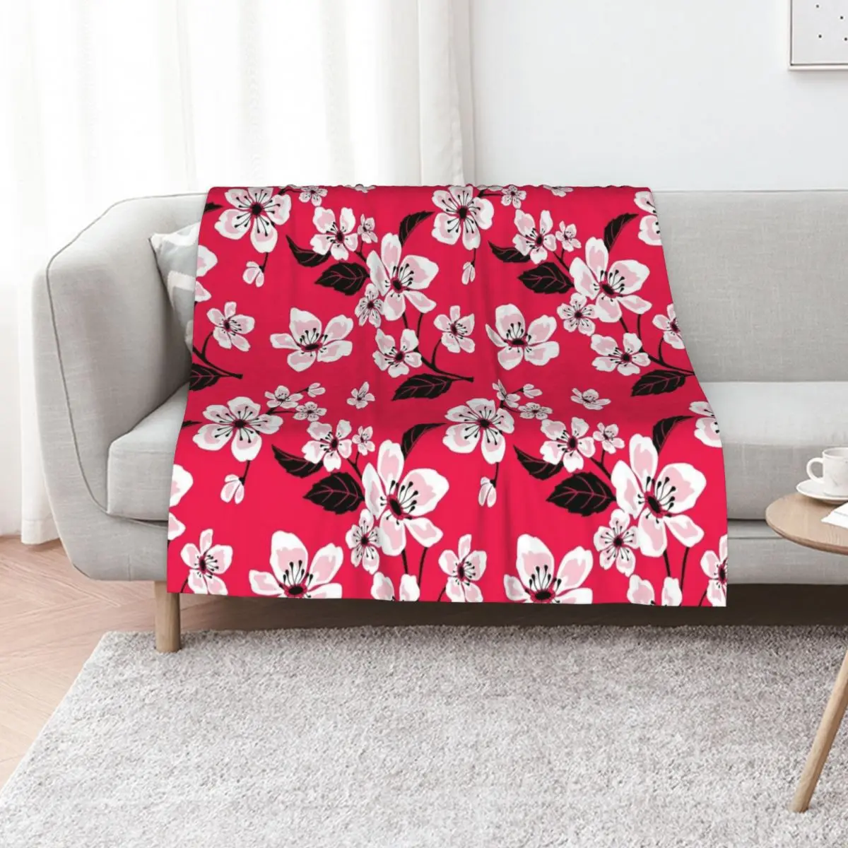 Pink Sakura Cherry Tree Flower Blooms - Aloha - Hawaiian Floral Pattern - Trendy Flower Prints Throw Blanket