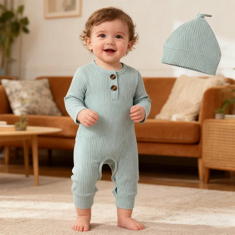 

Autumn Kids Baby Girls Jumpsuits Solid Vertical Stripes Toddler Boy Rompers Multiple Color Available Newborn Boy Bodysuits+hat