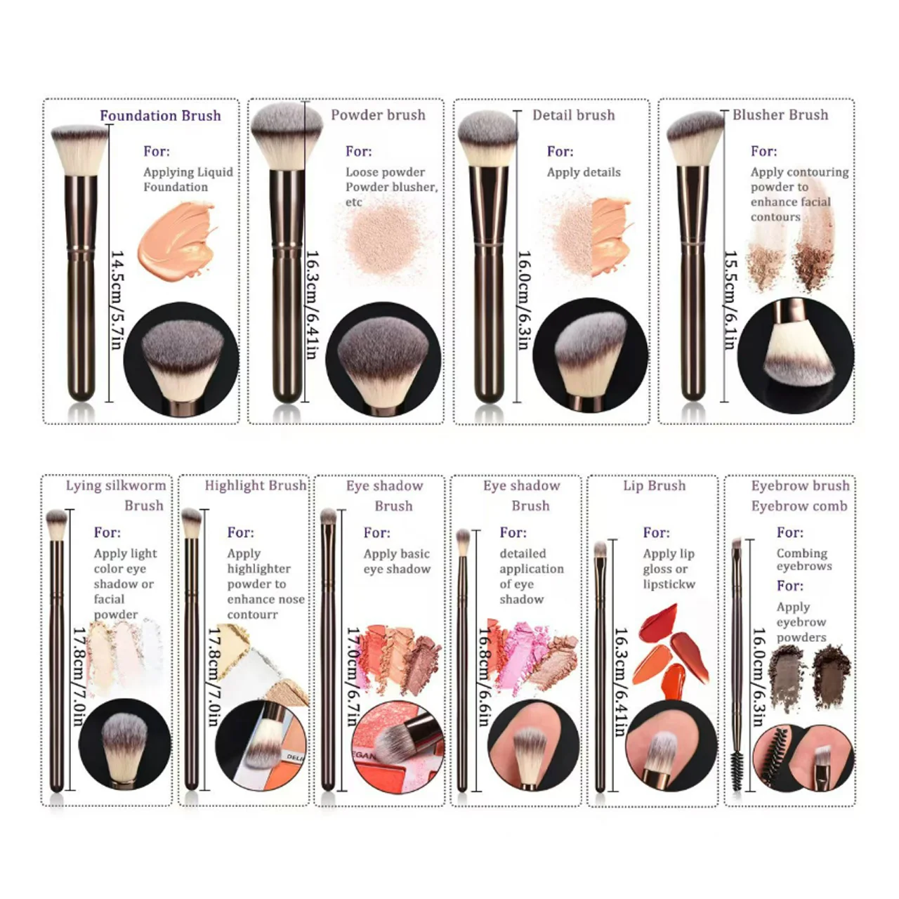 10PC 木製ハンドルメイクブラシセット - ファンデーション/アイライナー/眉毛化粧ブラシキット柔らかい毛プロフェッショナルメイクアップツール