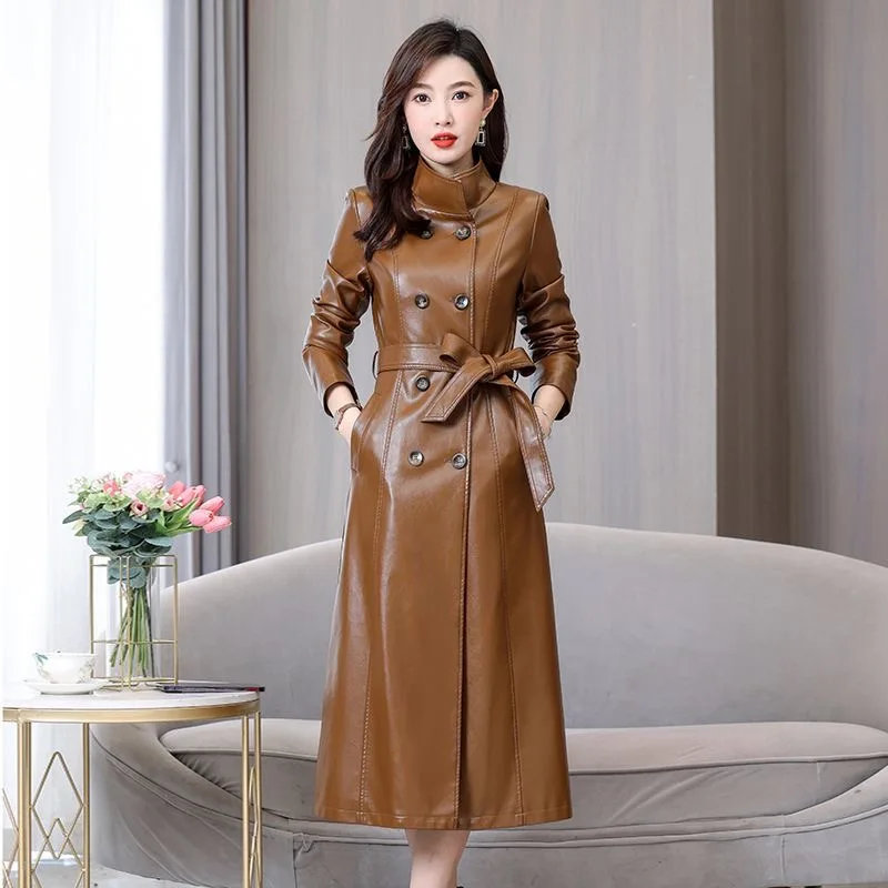 New Women Leather Jacket Trench Coat Autumn Winter Fashion Stand Collar Double Breasted Lace-up Slim Long Leather Coat