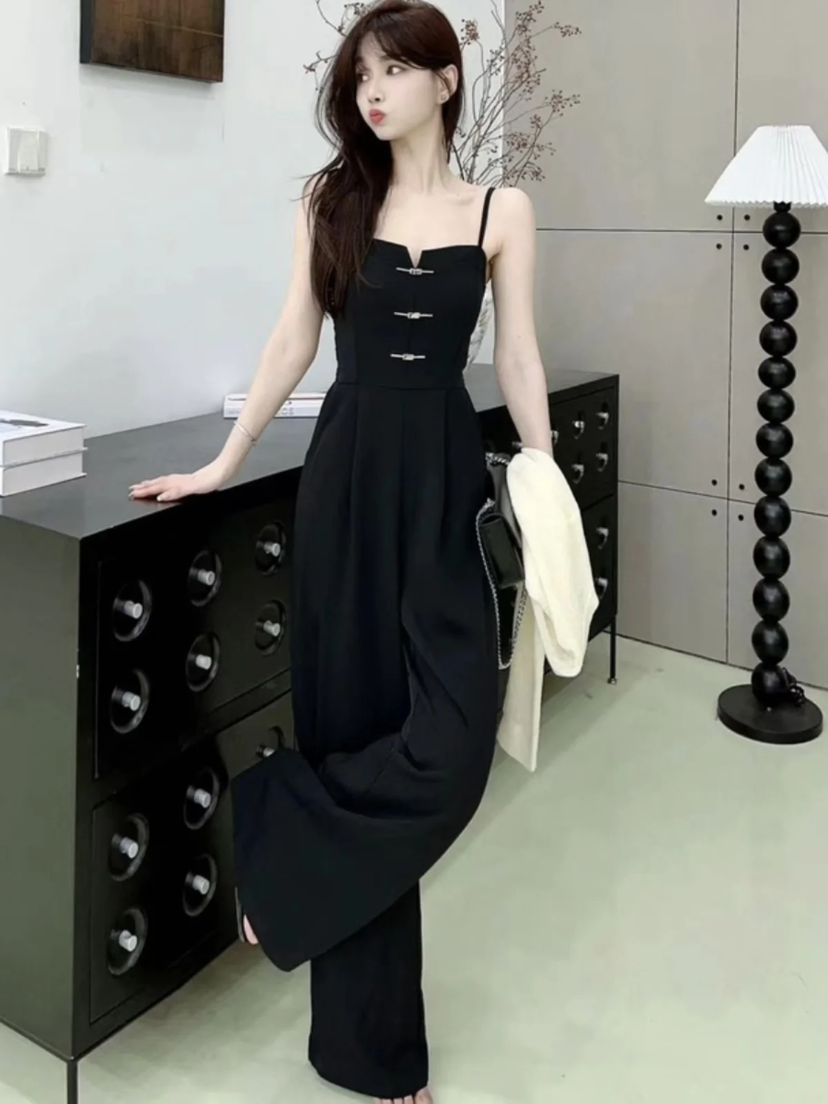 

Elegant High-Waist Tuxedo Onesie Pants Women's Straight Leg Wide Leg Pants National Style Slimming High Quality Nylon Fabric
