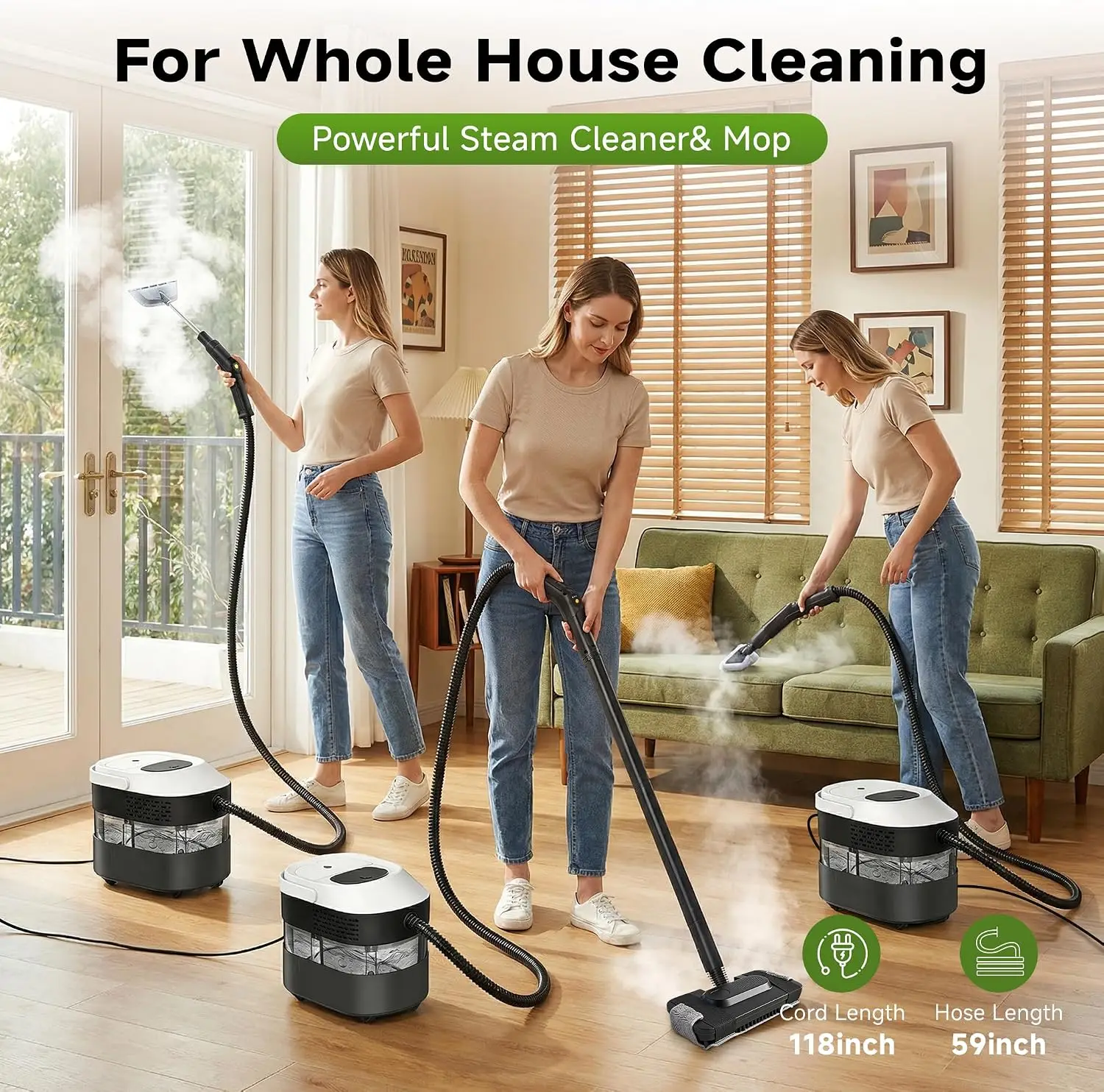 Steam Cleaner & Steam Mop Plus 1500W | 54oz Large-Capacity Steamer with 3-Level Adjustable Steam – for Car, Tile, Grout, Couch,