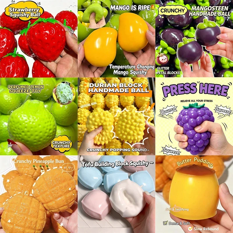 Building Block Fruit Durian Pineapple Bun Squeeze Sensory Toy Mango Lemon Crunchy ASMR Sound Stress Anxiety Relief ADHD Gift