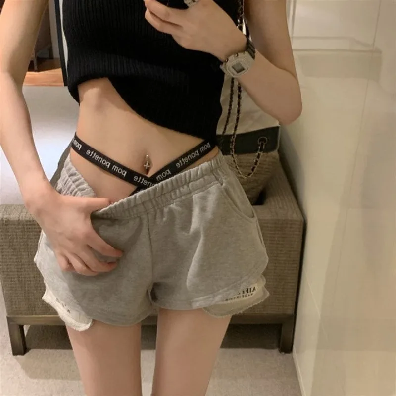 Summer New Labeled Sports Shorts for Women Ins Trendy Loose High Waisted Running Hot Pants Hottie Cross Strap Design Streetwear
