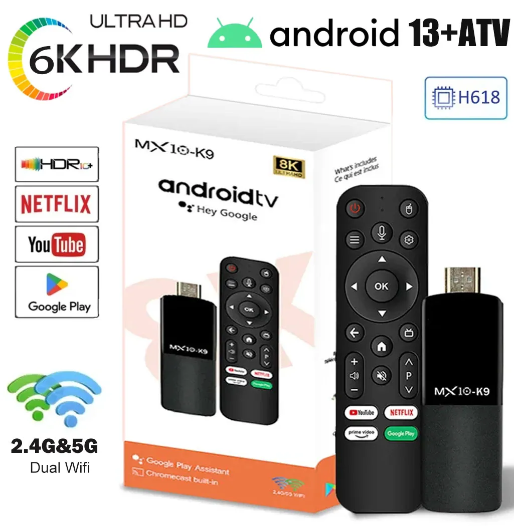 Mx10 K9 Tv Stick Android13 Atv 2G + 16G 6K HDR 2.4G/5G Dual Wifi Smart Tv Set Top Box for Google Youtube Netflix Media Player