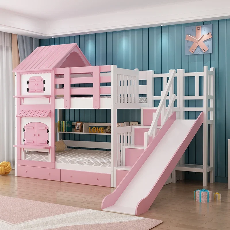 Custom-made slide bed, all solid wood upper and lower bed, two-layer multifunctional combination children bed, high and low bed