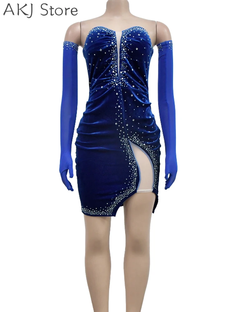 Robe de soirée sexy en velours et strass en maille transparente à épaules dénudées