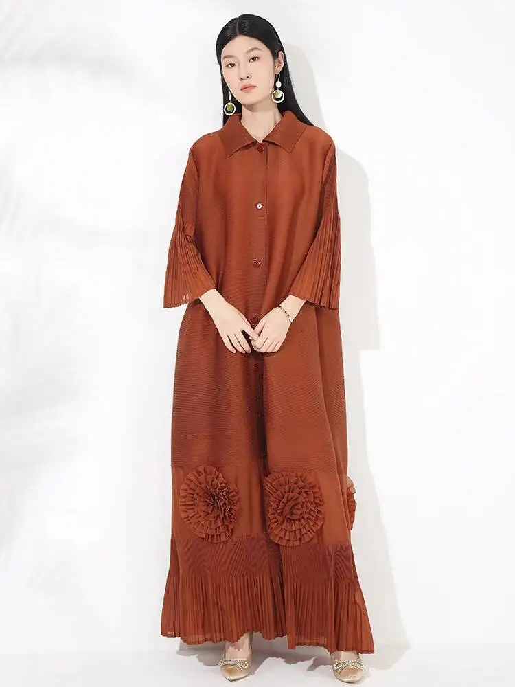 

New Loose Temperament Women's Dress High-end Chic Lapel Flared Sleeves Floral Long Breasted Cardigan Dresses 28J8R