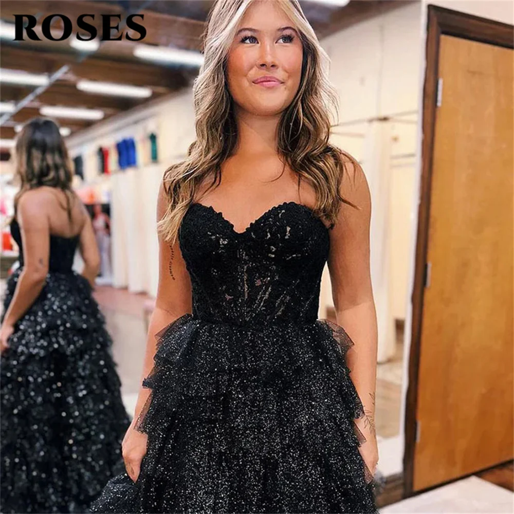 ROSES Black Prom Dress Princess Sweetheart Glitte A-Line Evening Dress Detachable Sleeves Party Dress With Appliques Lace 프롬드레스