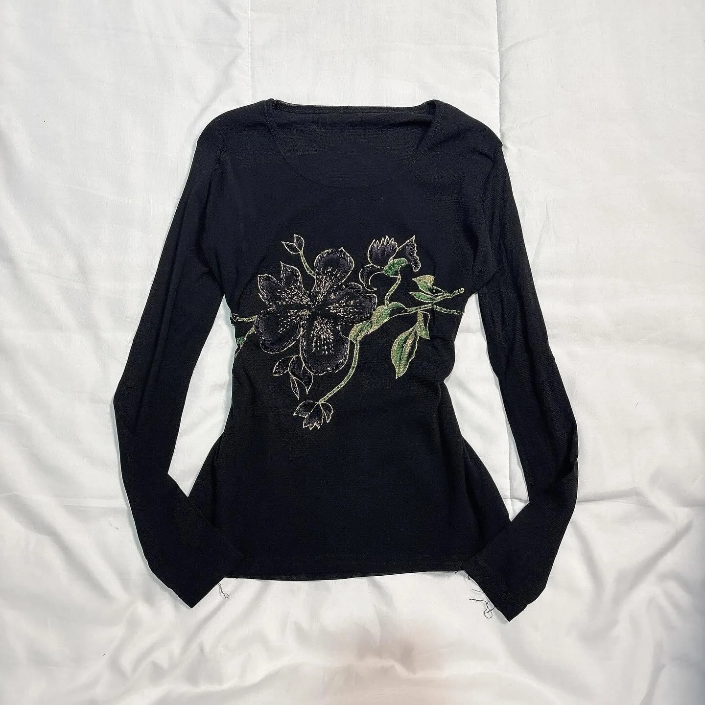 Y2K women's slim fit black long sleeved antique printed T-shirt simple daily versatile autumn and winter base shirt