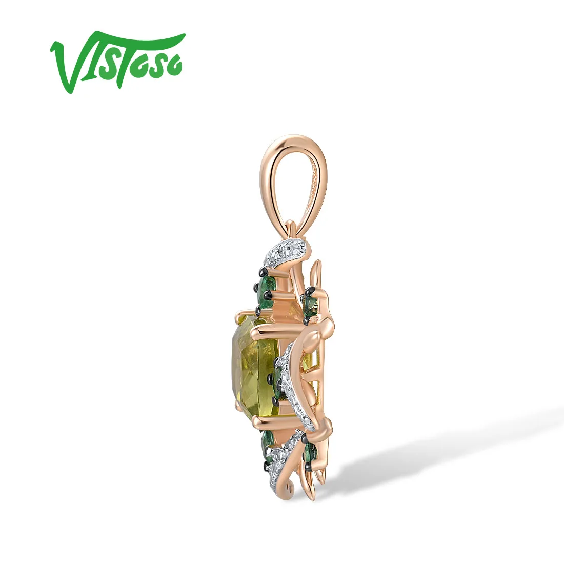 VISTOSO Authentic 14K 585 Rose Gold Pendant For Women Sparkling Diamond Emerald Peridot Charming Fine Delicate Jewelry