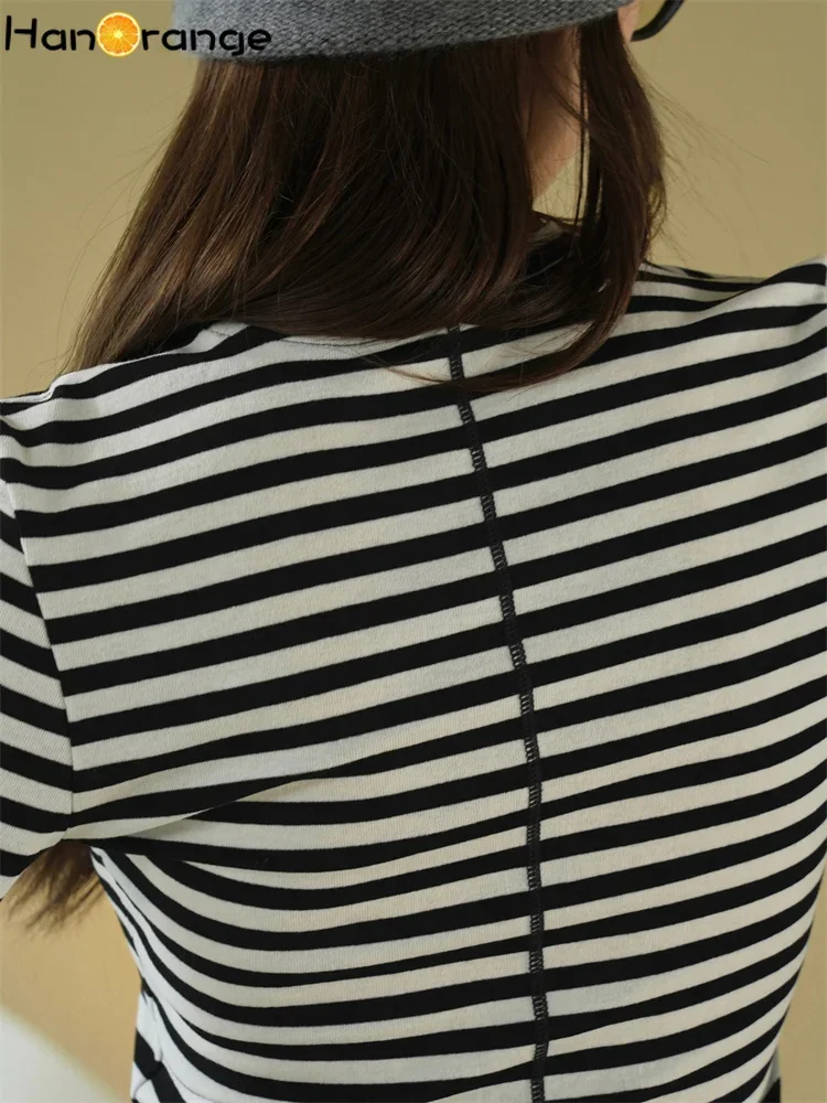 HanOrange 2025 Early Spring Simple Contrasting Striped T-shirt Women Slim Casual Tees Black White/Red White/Gray White