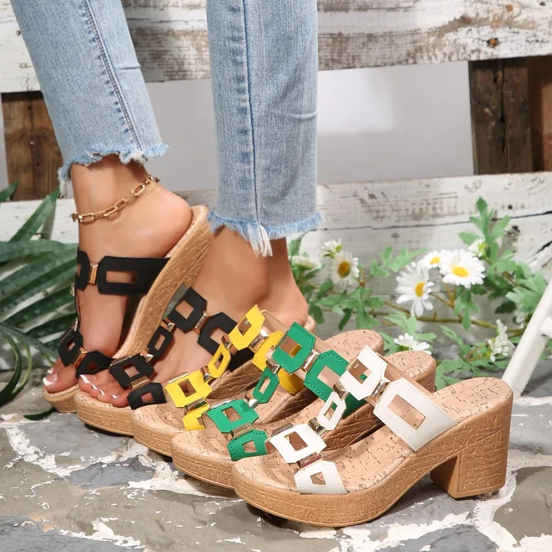 

Roman Style Women's Summer Thick Sole Fish Mouth Open Toe Slippers Women Comfortable Hollow Out Breathable High Heel Sandals