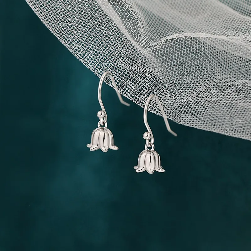 Silver Color Flower Pendant Ear Hook Stud Earrings for Elegant Women Trendy Fashion Jewelry Plant Party Accessories