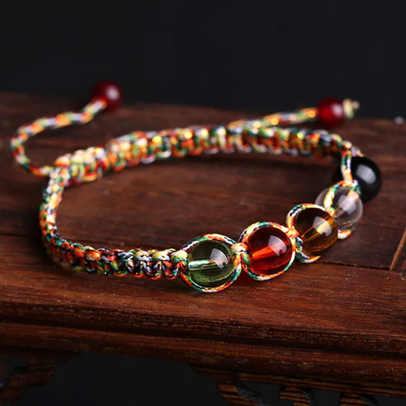 Ethnic Hand-woven Multicolored Rope 5 Colors Glass Beads Stretch Chinese Five Elements Fengshui Rope Charm Lucky Bracelets