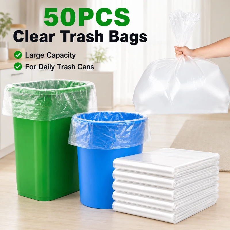 50PCS Clear Trash Bags Large Capacity Garbage Bags Household Disposable Bin Liners for Kitchen Home Office Bathroom Waste Basket