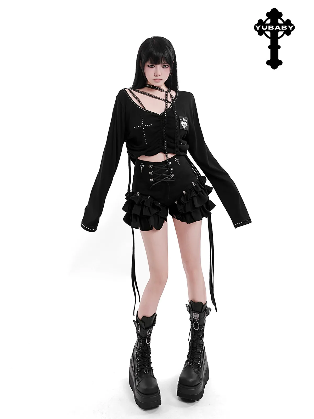 Y2K Gothic Ruffle Edge Mini Denim Shorts Skirt Retro Punk Cross-strap High-waisted A-shaped Tutu Skirt Suitable for Street Wear