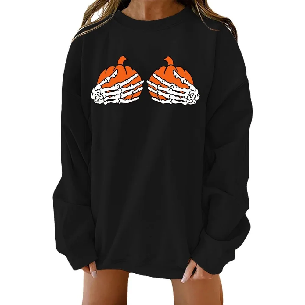 Camisas de esqueleto de Halloween para mulheres, camisetas engraçadas de peitos de abóbora, moletons grandes, outono, top casual, camiseta fofa de caveira