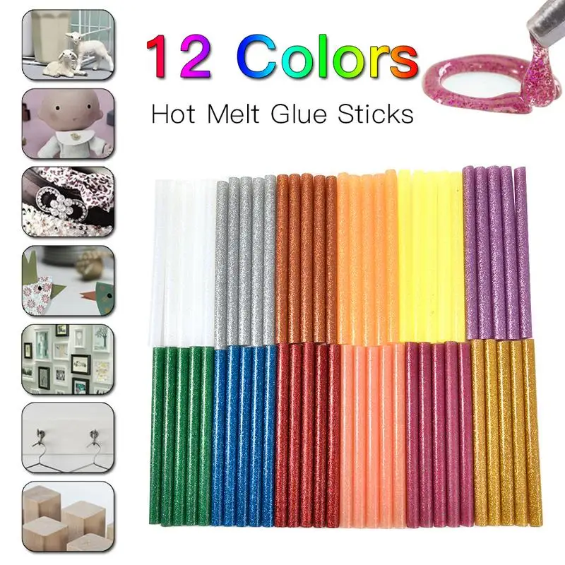Adesivo Hot Melt Glue Sticks, Assorted Glitter Glue Sticks, Profissional para cola elétrica, Craft Repair, 12 cores, 7mm, 60pcs