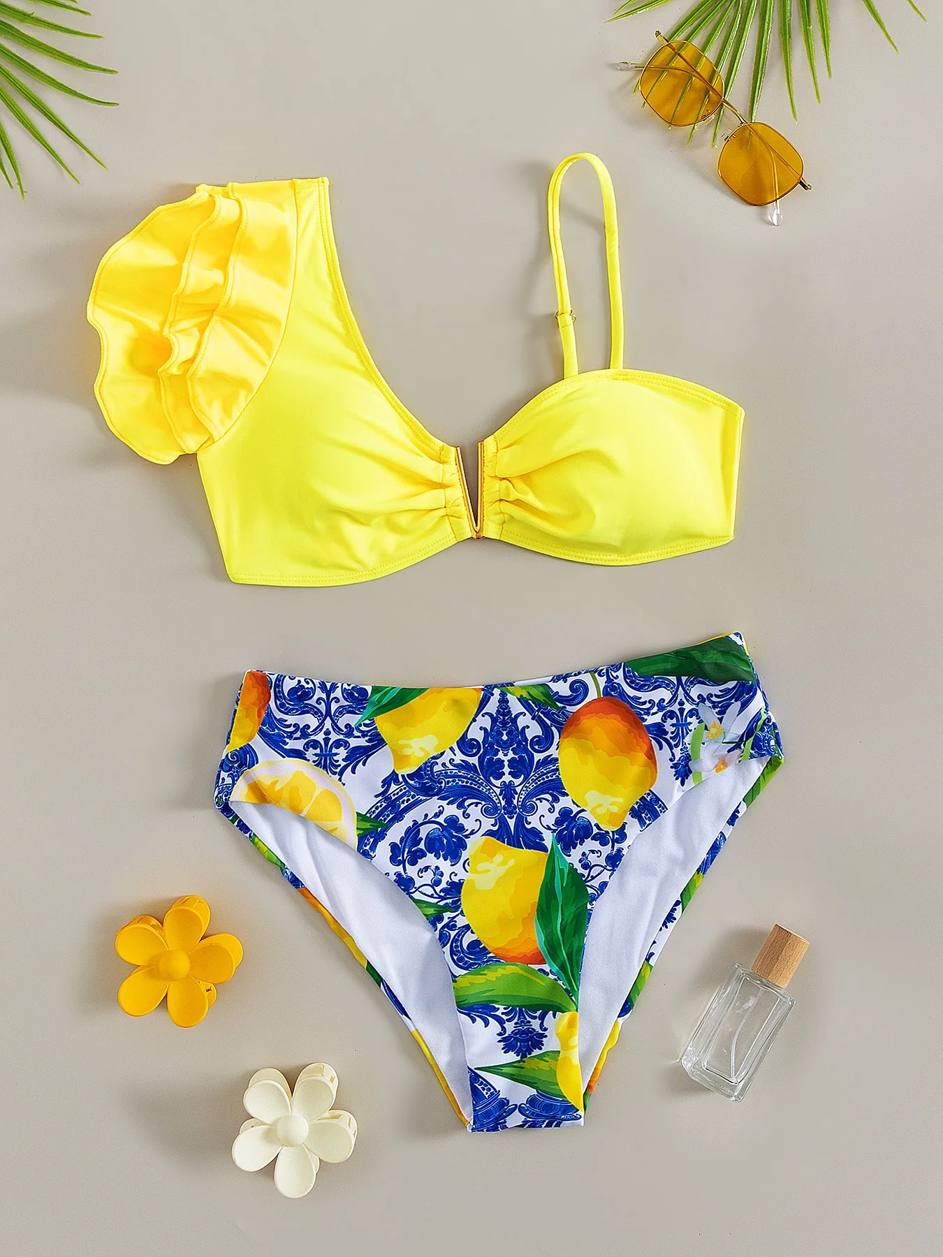 

Stylish Shoulder Ruffle Women Slipt Swimsuit, Sexy V Neck Bikini For Women Lady Back Lace Up Biquini Swimwear Female Beachwear