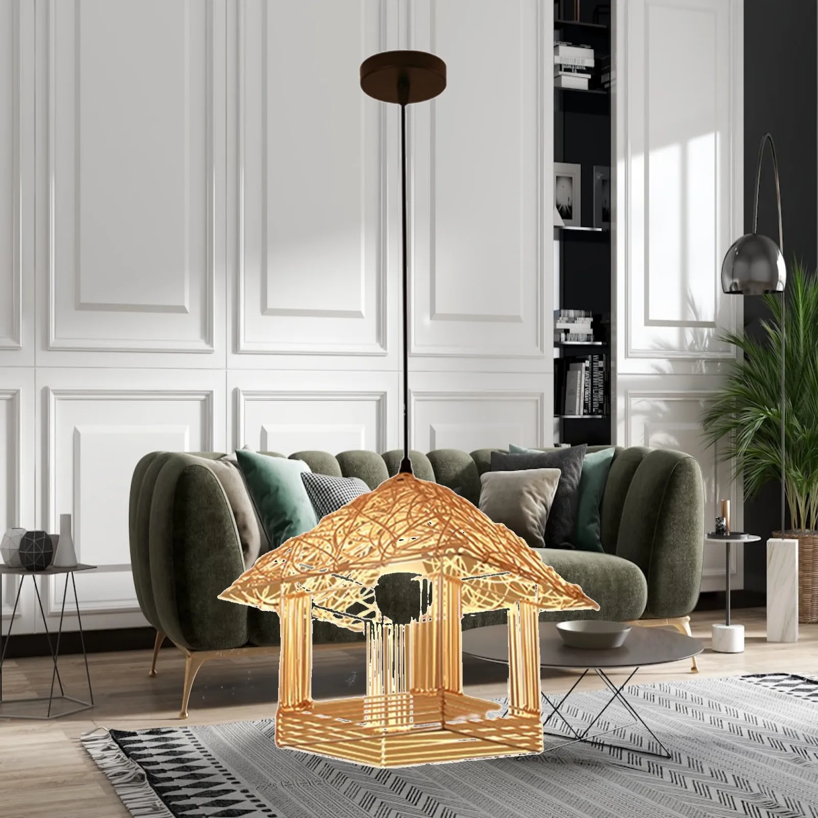 Bamboo Pendant Lamp Hanging Light Fixture Woven Grass Vine Shade for Dining Room Rustic Chandelier Decor