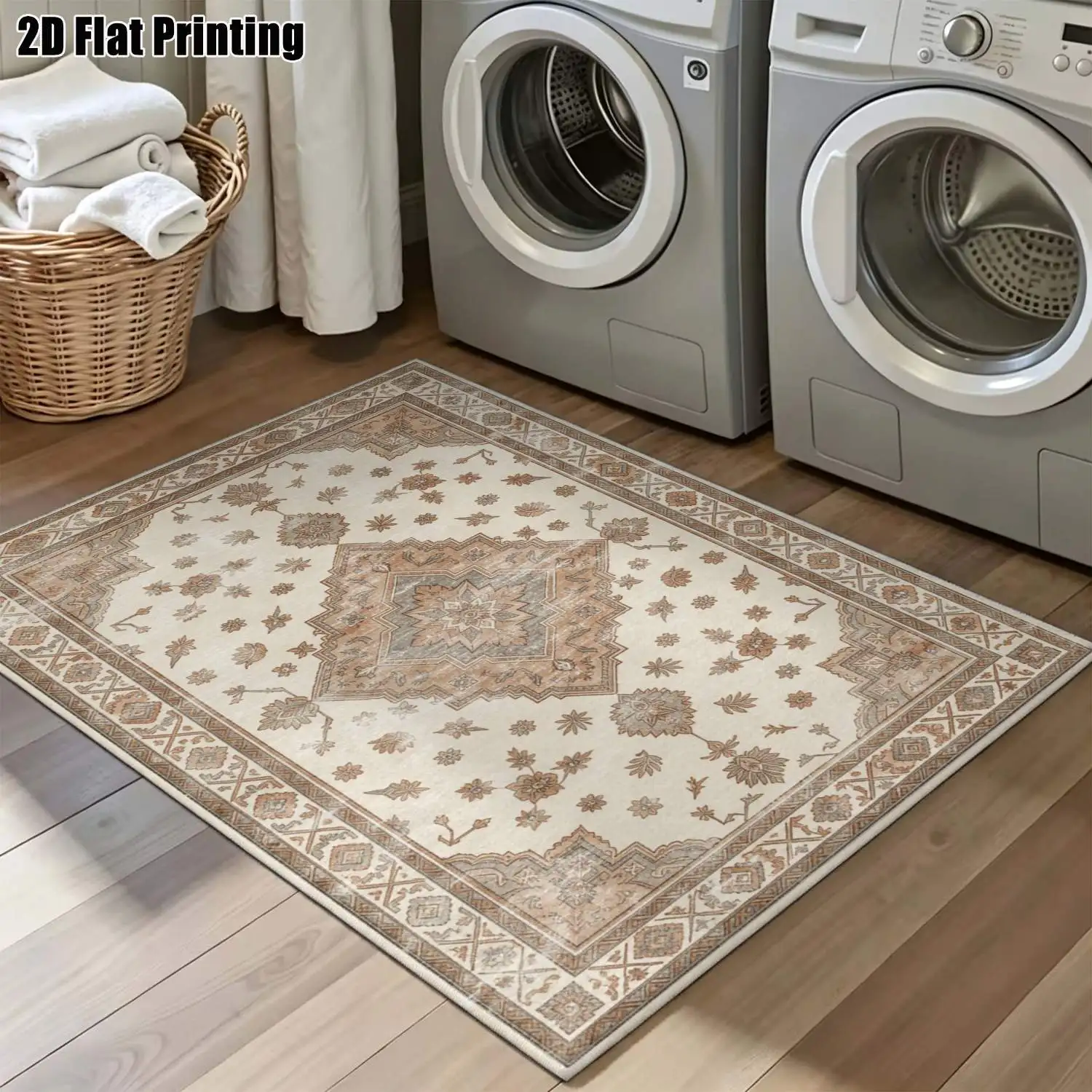 1Pc 2D Printed Retro Beige Floral Geometric Carpet: European Vintage Floor Mat, Bohemian Rug, Home Decor, Multi-Size, Machine Washable, Suitable for Entrance, Dining, Foyer, Bedroom, Living Room