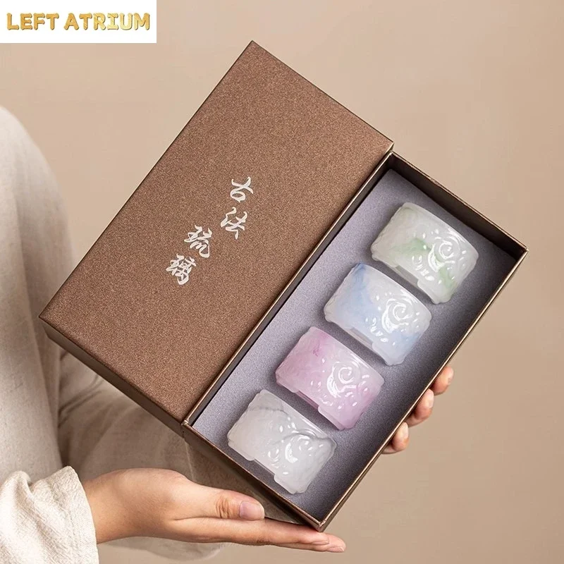 4pc Set Ancient‑Style Colored Glaze Cloud Pattern Thumb‑Shaped Tea Cup High‑End Kungfu Teacup Gift Box Set for Home Use
