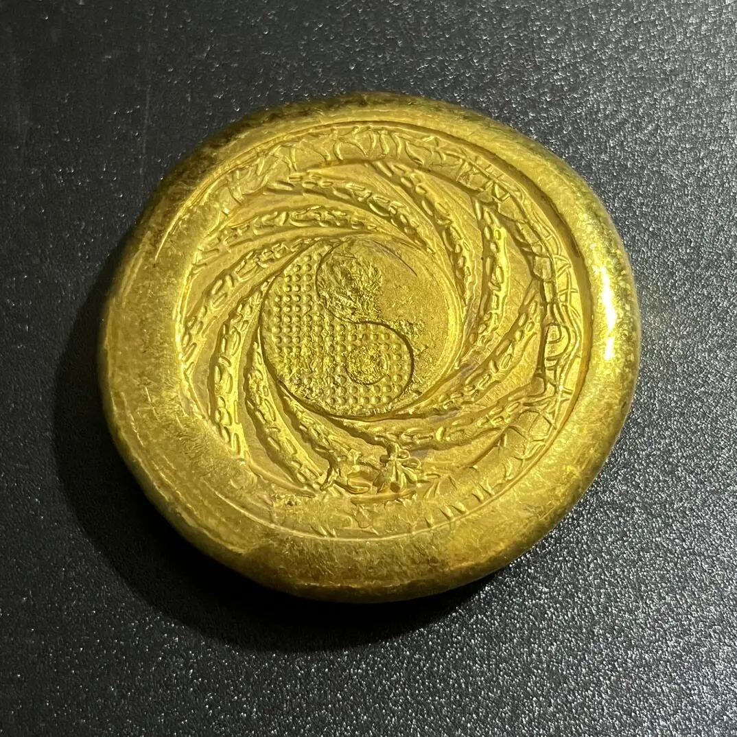 Tibetan Antique Hand Chiseled Yellow Jambhala Gold Disc Round Carving Wealth Luck Solid Gold Coin