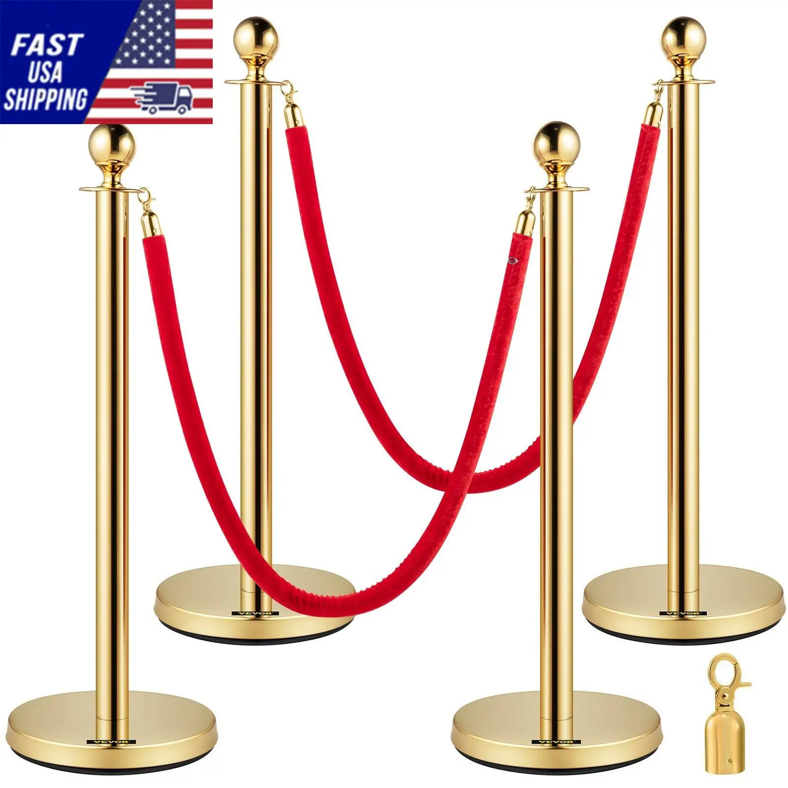 38 Inch Stanchion Posts Queue, Red Velvet Rope (3, Gold)