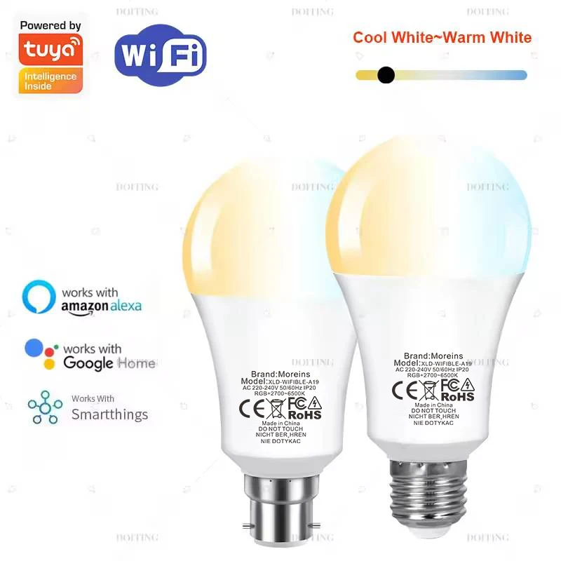 Tuya LED Bulb WIFI Smart Life APP Timing Brightness Temperature Adjustment Alexa Google Home 220V E27 B22 Lamp Voice Control